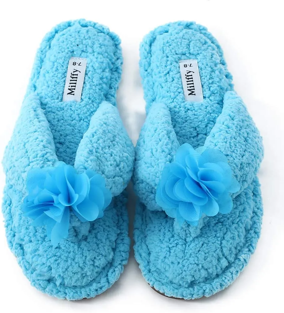 Millffy Plush Cozy Faux Shearling Thong Slide On Sherpa Womens Flip-Flops Slippers with Flowers