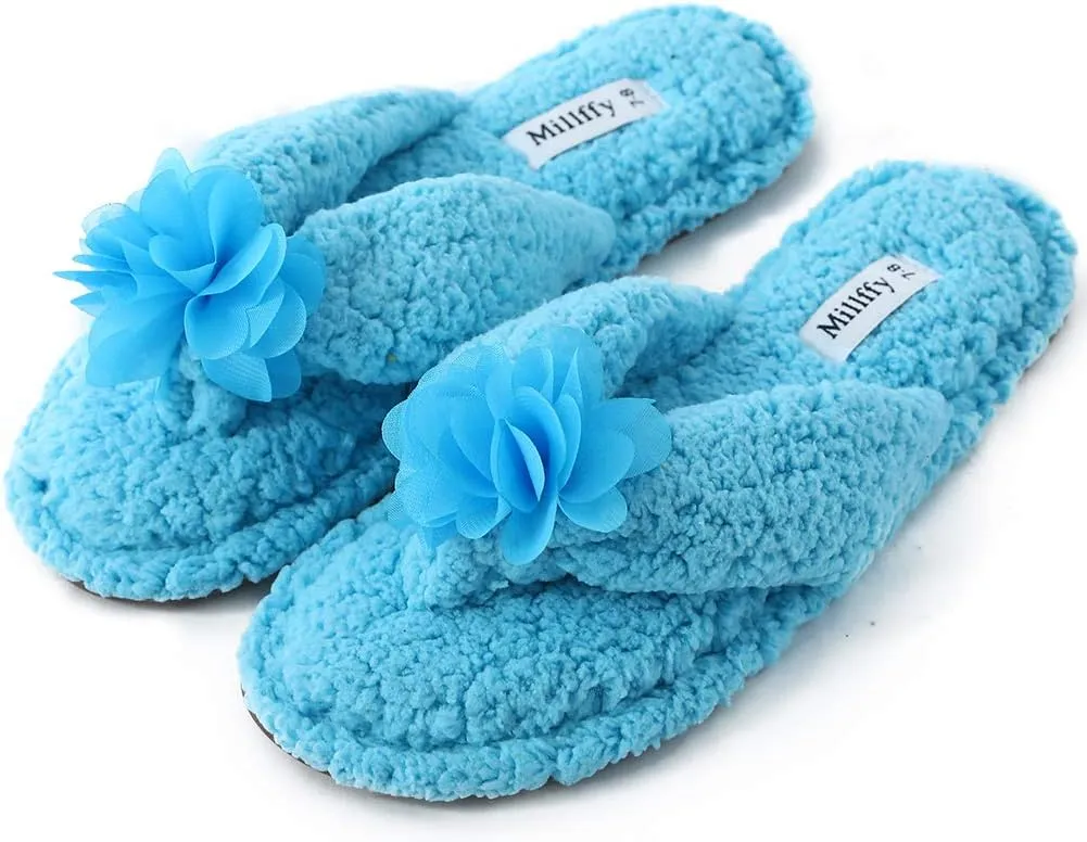 Millffy Plush Cozy Faux Shearling Thong Slide On Sherpa Womens Flip-Flops Slippers with Flowers