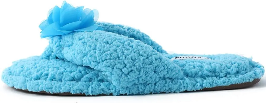 Millffy Plush Cozy Faux Shearling Thong Slide On Sherpa Womens Flip-Flops Slippers with Flowers