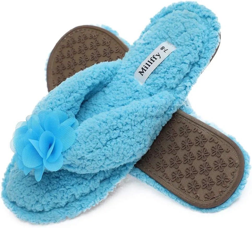 Millffy Plush Cozy Faux Shearling Thong Slide On Sherpa Womens Flip-Flops Slippers with Flowers