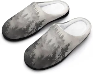 Misty Fog Pine Tree Forest Men's Cotton Slippers Closed Toe House Shoes with Non-Slip Sole for Indoor&Outdoor