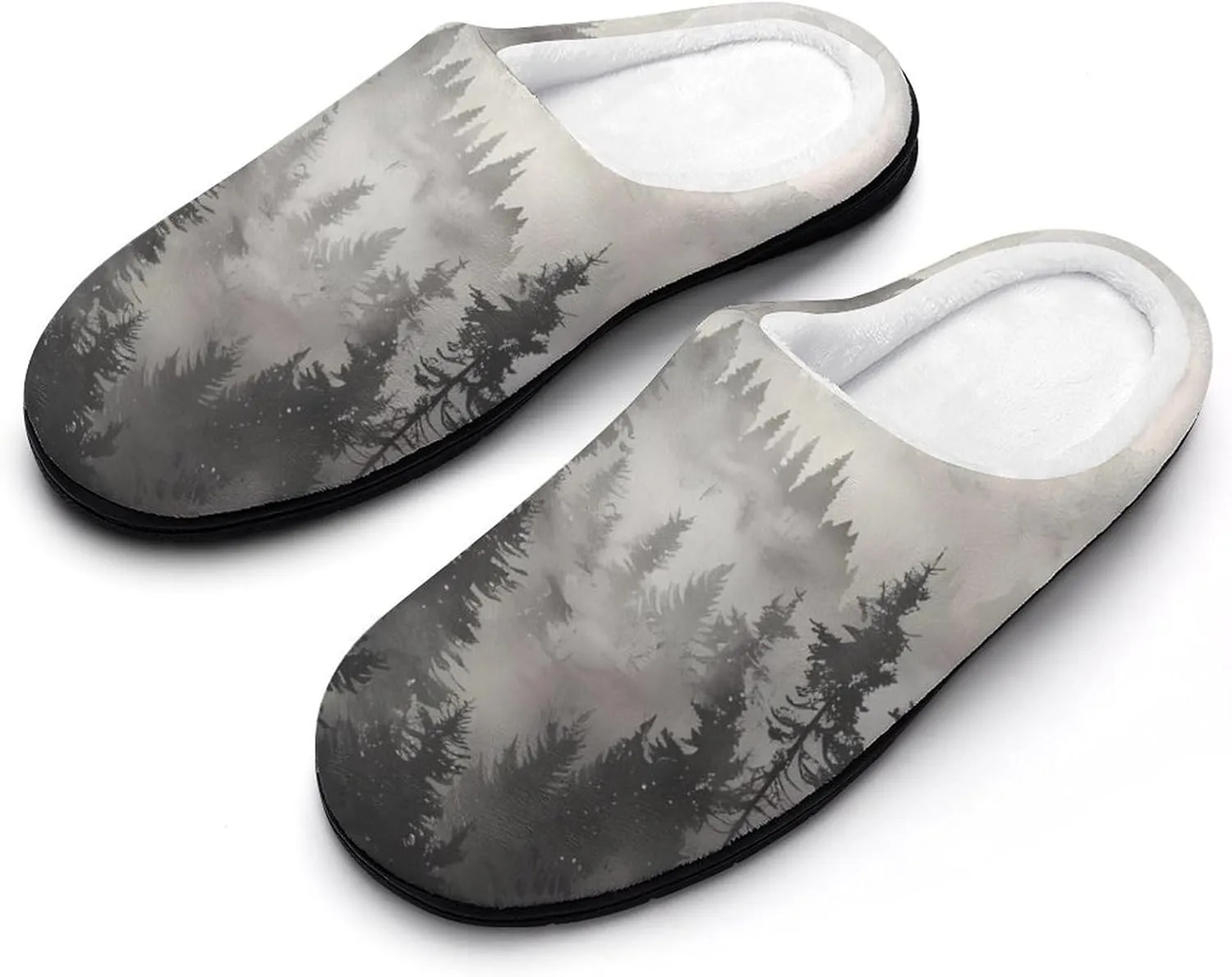 Misty Fog Pine Tree Forest Men's Cotton Slippers Closed Toe House Shoes with Non-Slip Sole for Indoor&Outdoor