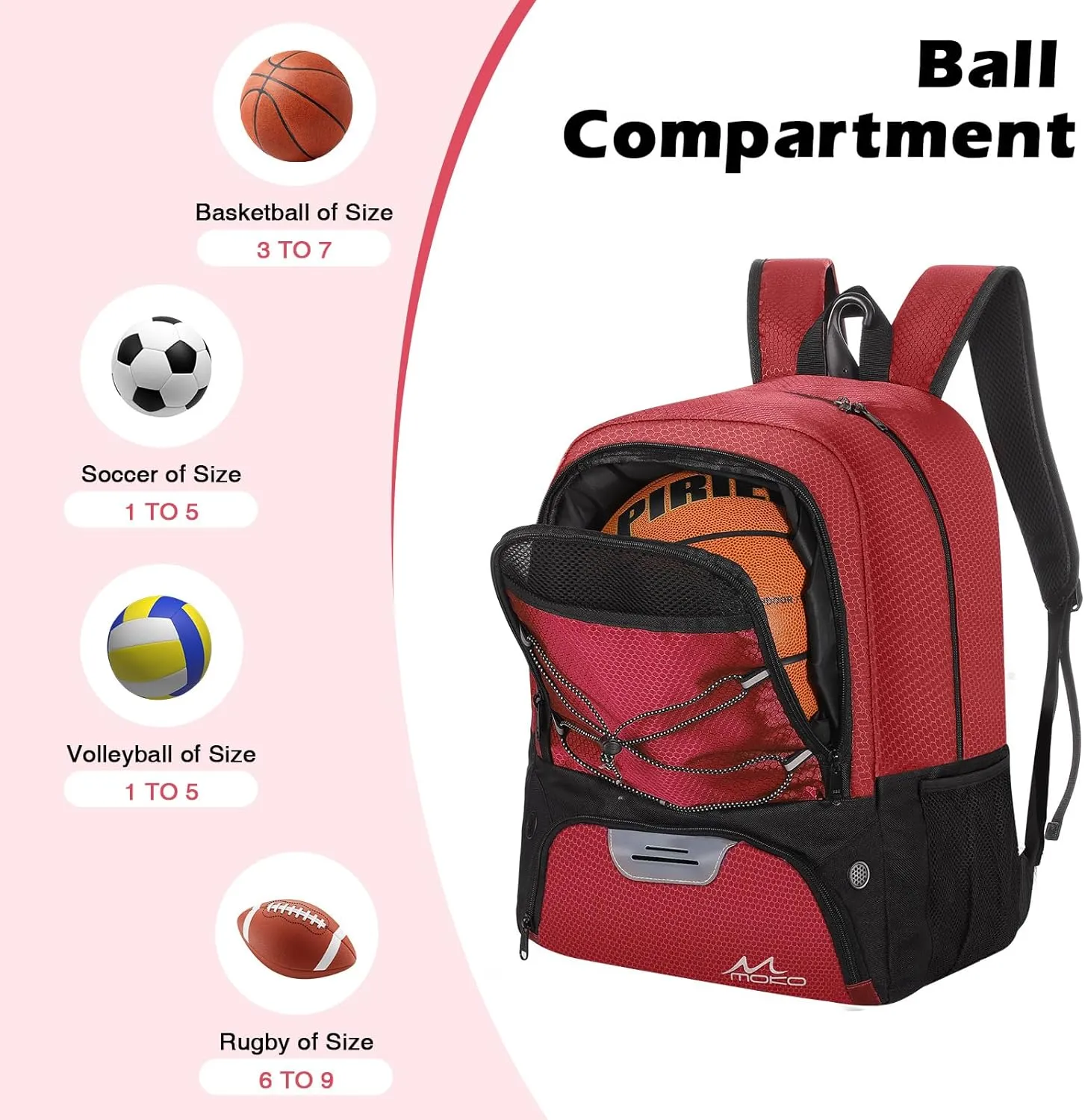 MoKo Basketball Bag Backpack, Soccer Backpack for Men & Women with Separate Ball and Shoes Compartments