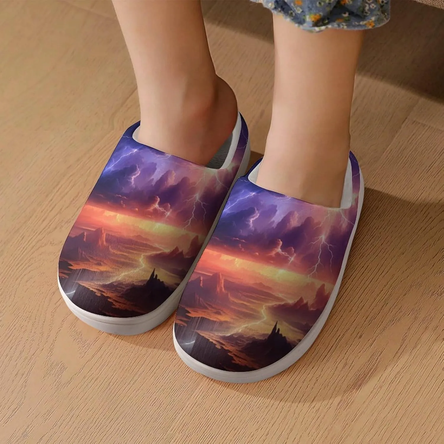Nature Landscape Purple Thunder Storm Kids Slippers for Girls Boys Winter Warm Plush Slip On House Slippers for Indoor Outdoor