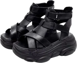 NELSBREXWomen'S Leather Open Toe Platform Roman Sandals with Hook and Loop Fashion Cross Straps Breathable Soft Sole Non-Slip Heightening Cool Ankle Boots Vintage Outdoor Casual Shoes