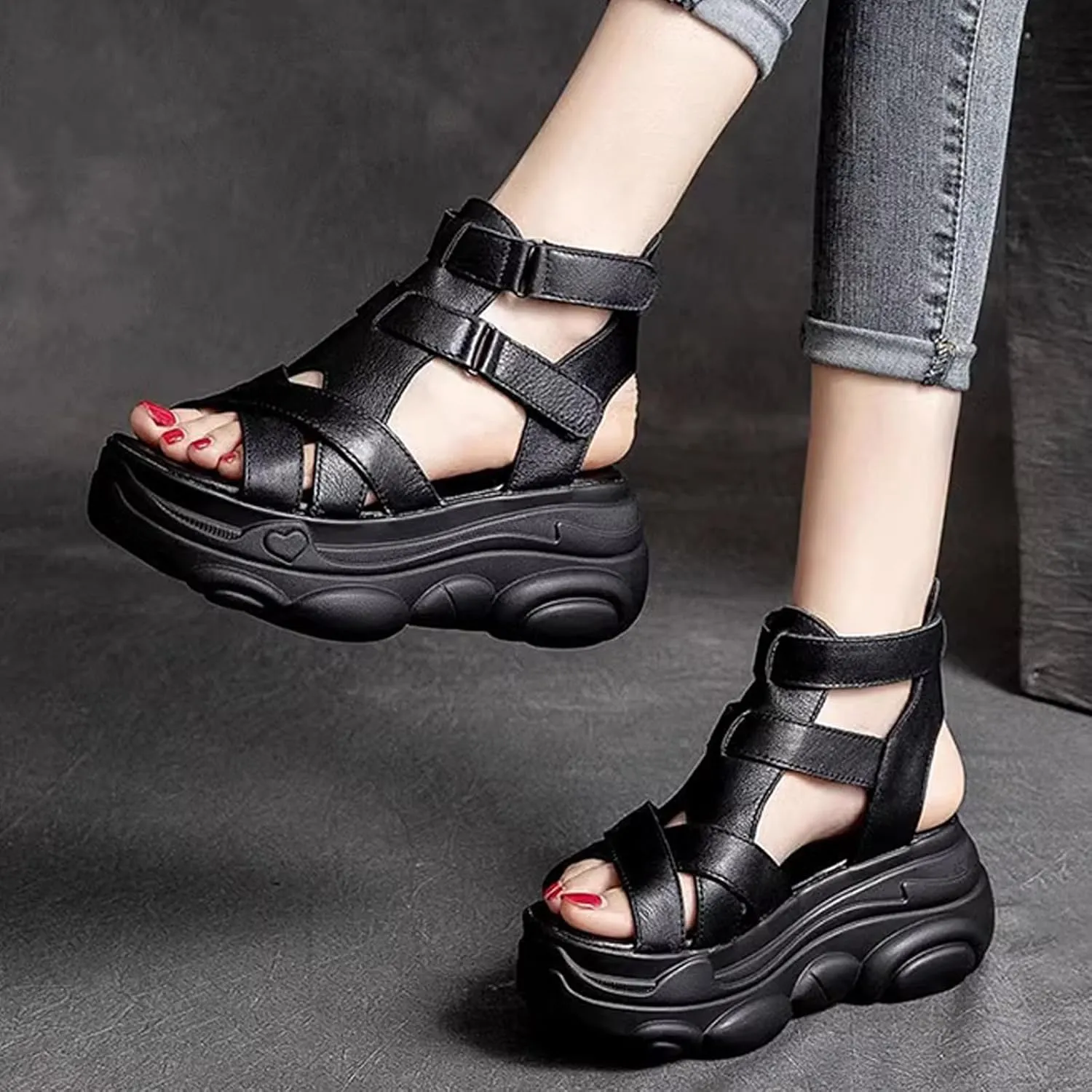NELSBREXWomen'S Leather Open Toe Platform Roman Sandals with Hook and Loop Fashion Cross Straps Breathable Soft Sole Non-Slip Heightening Cool Ankle Boots Vintage Outdoor Casual Shoes