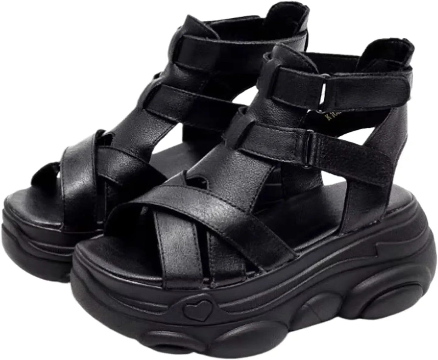 NELSBREXWomen'S Leather Open Toe Platform Roman Sandals with Hook and Loop Fashion Cross Straps Breathable Soft Sole Non-Slip Heightening Cool Ankle Boots Vintage Outdoor Casual Shoes