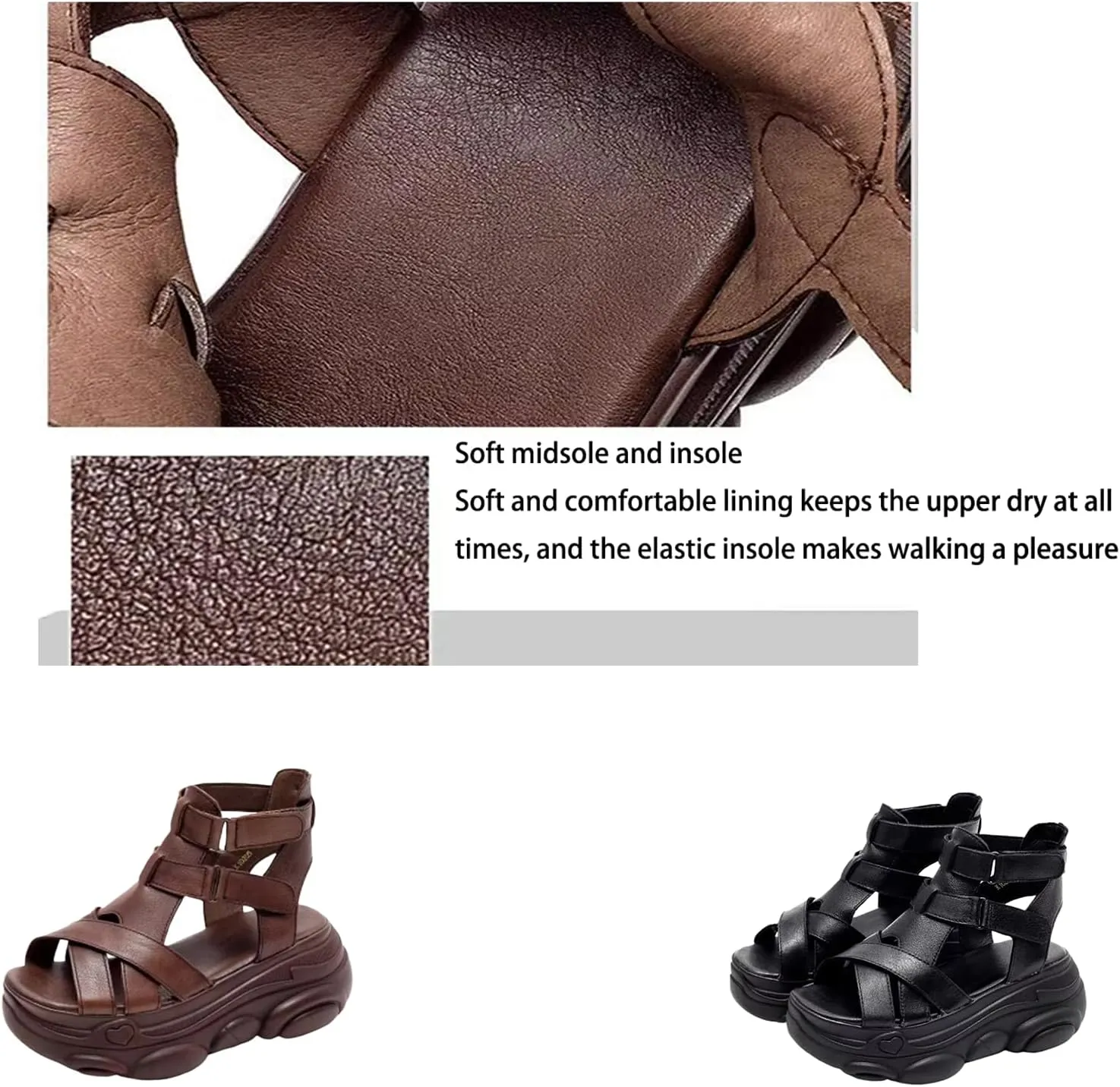 NELSBREXWomen'S Leather Open Toe Platform Roman Sandals with Hook and Loop Fashion Cross Straps Breathable Soft Sole Non-Slip Heightening Cool Ankle Boots Vintage Outdoor Casual Shoes