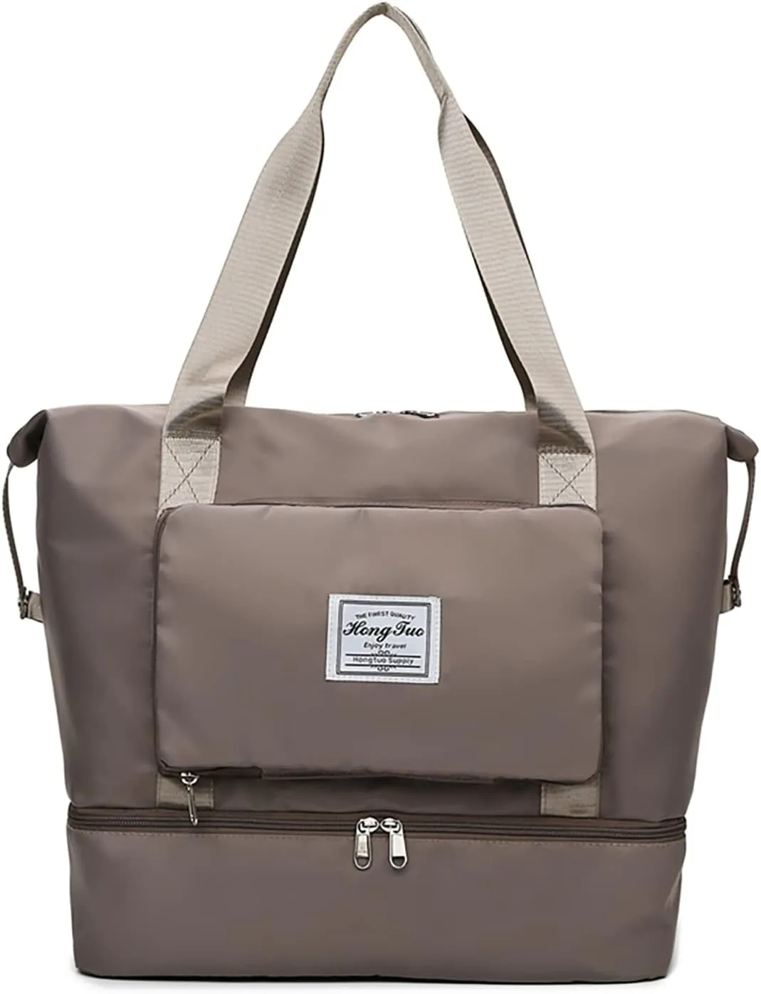 New Foldable Dry/Wet Separation Travel Duffel Bag with Shoe Compartment Large Capacity Folding Weekender Overnight Bag Lightweight Waterproof Gym Tote Bag (F-Khaki)