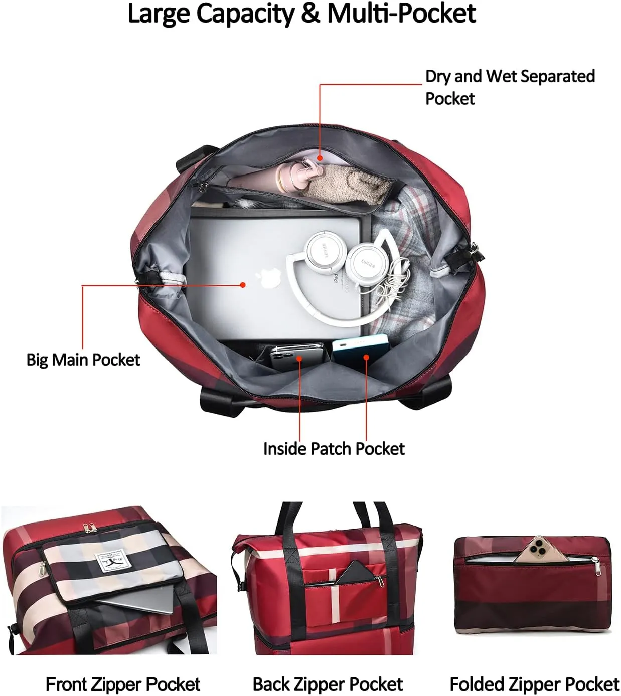 New Foldable Dry/Wet Separation Travel Duffel Bag with Shoe Compartment Large Capacity Folding Weekender Overnight Bag Lightweight Waterproof Gym Tote Bag (F-Khaki)