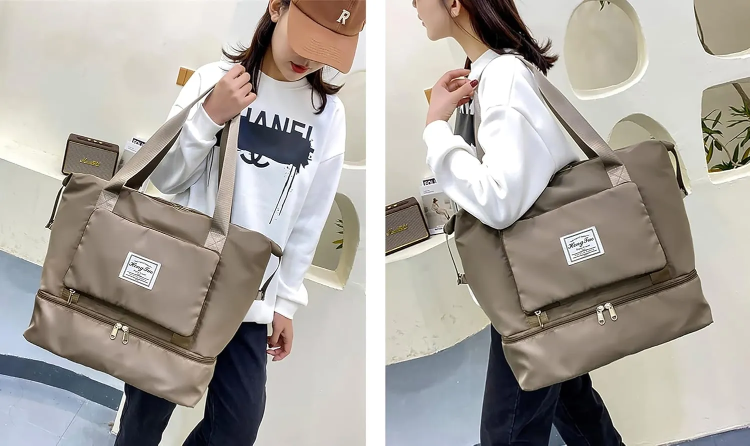New Foldable Dry/Wet Separation Travel Duffel Bag with Shoe Compartment Large Capacity Folding Weekender Overnight Bag Lightweight Waterproof Gym Tote Bag (F-Khaki)