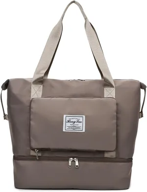New Foldable Dry/Wet Separation Travel Duffel Bag with Shoe Compartment Large Capacity Folding Weekender Overnight Bag Lightweight Waterproof Gym Tote Bag (F-Khaki)