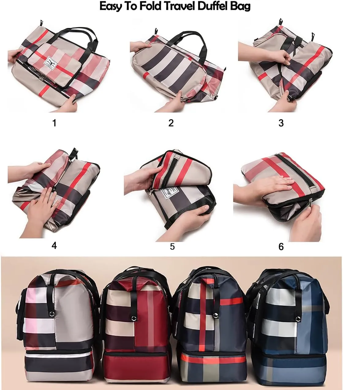 New Foldable Dry/Wet Separation Travel Duffel Bag with Shoe Compartment Large Capacity Folding Weekender Overnight Bag Lightweight Waterproof Gym Tote Bag (F-Khaki)