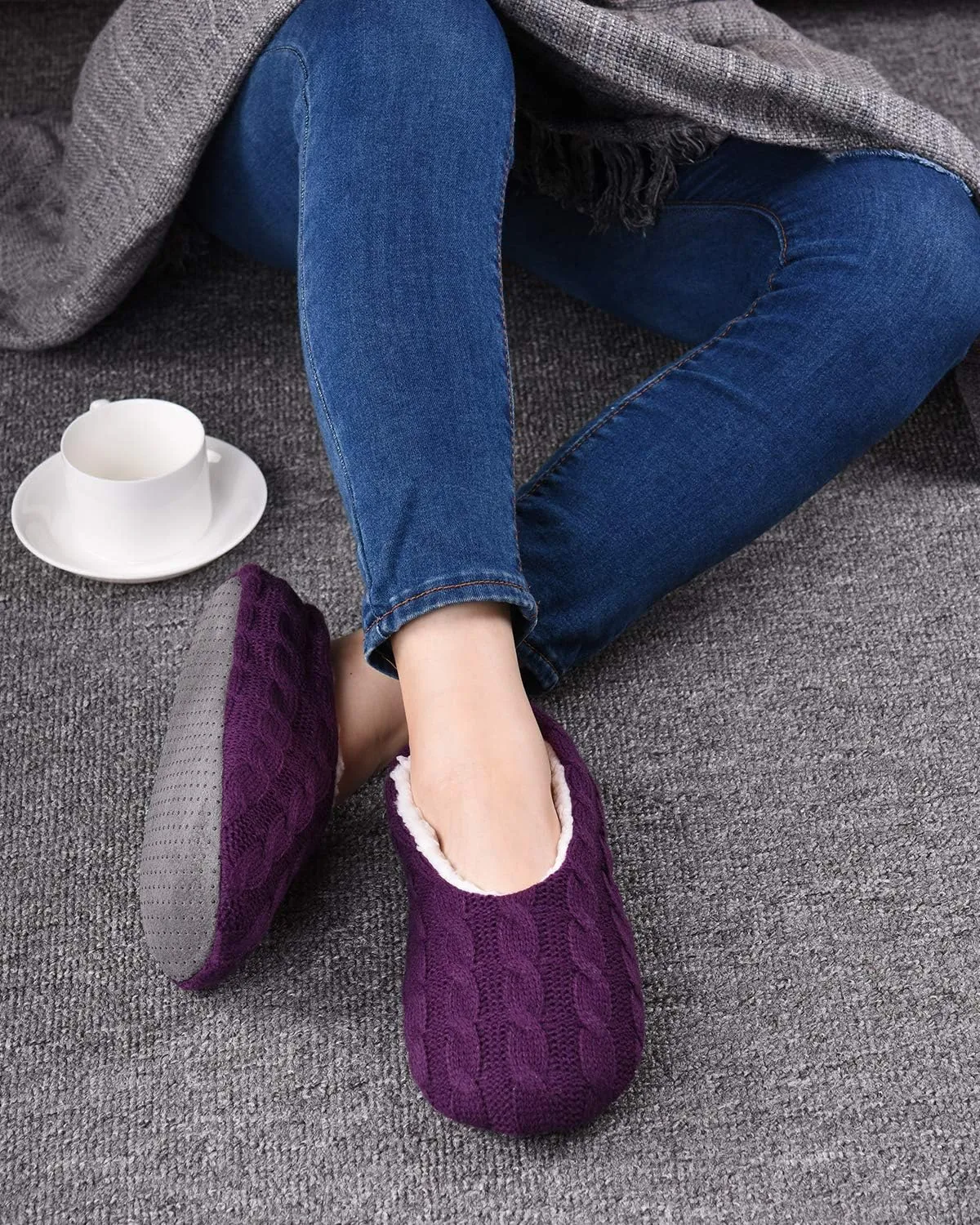 Panda Bros 2 Pairs Slipper Socks For Women With Grippers, Fuzzy Womens Slipper Socks With Non Slip Bottoms, Cozy Warm House Slippers