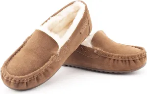 Parfeying Women's Sheepskin Moccasin Slippers Cow Suede Memory Foam Driving Style Loafers
