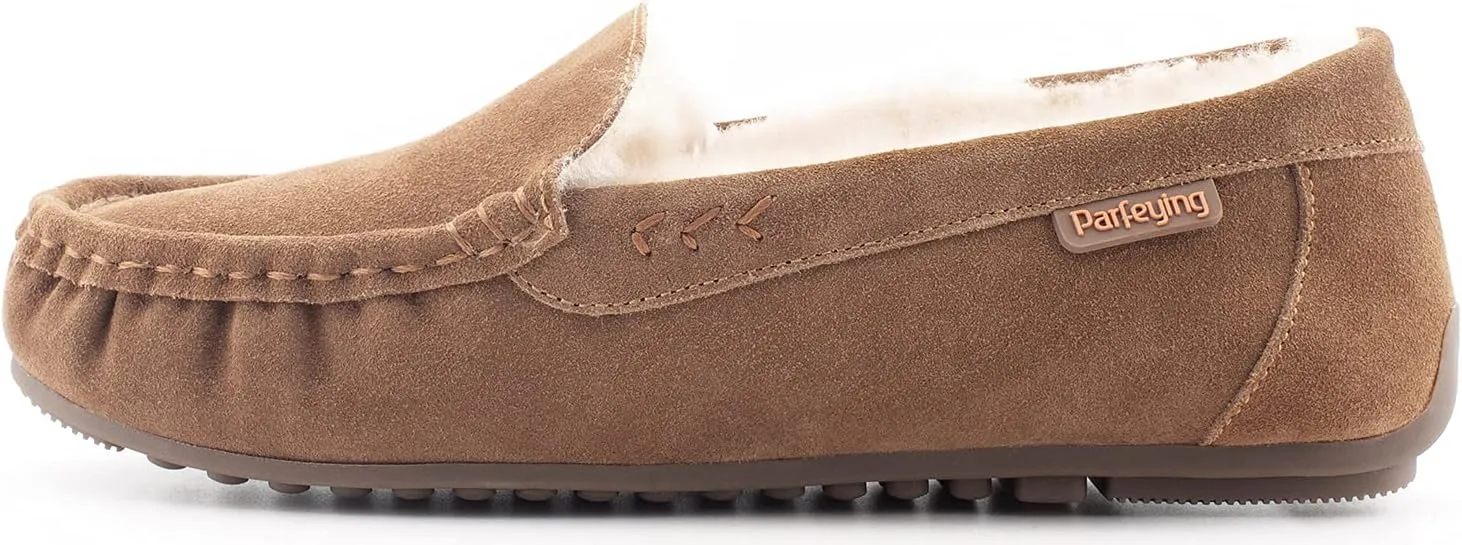 Parfeying Women's Sheepskin Moccasin Slippers Cow Suede Memory Foam Driving Style Loafers