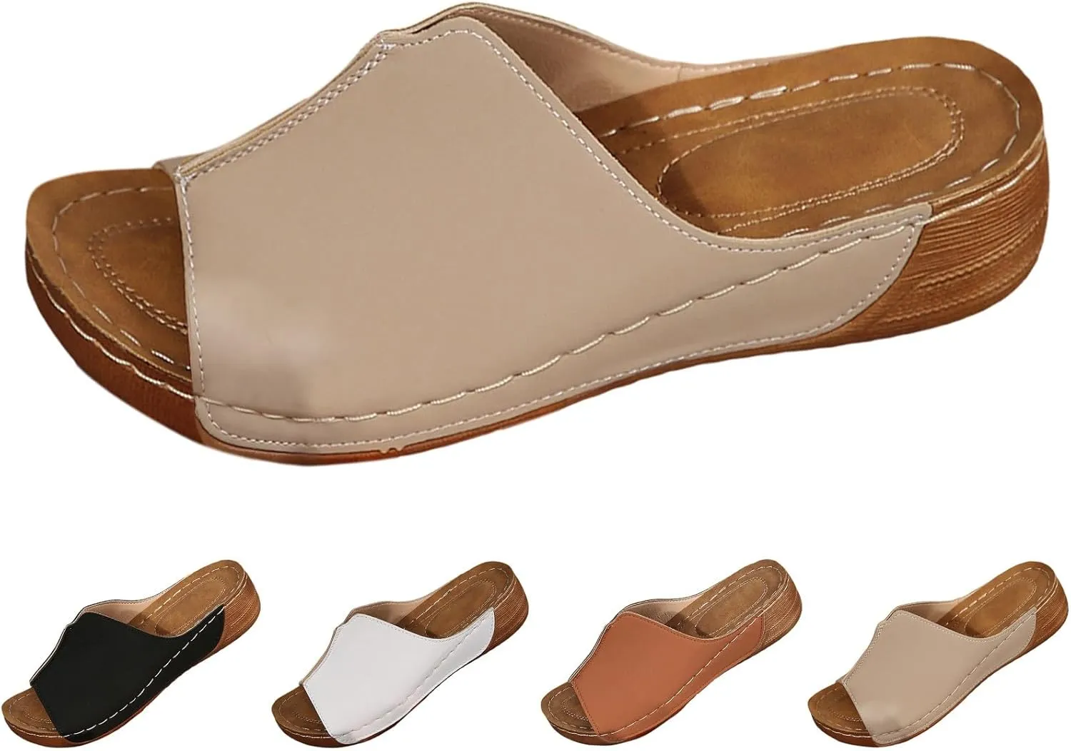 Platform Sandals Women Summer Orthopedic Arch Support Flat Slip on Wide Width Leather Wedge Sandals Damping Sole Upgradation Stretch Lightweight Heels Sandals Diabetic Walking Shoes