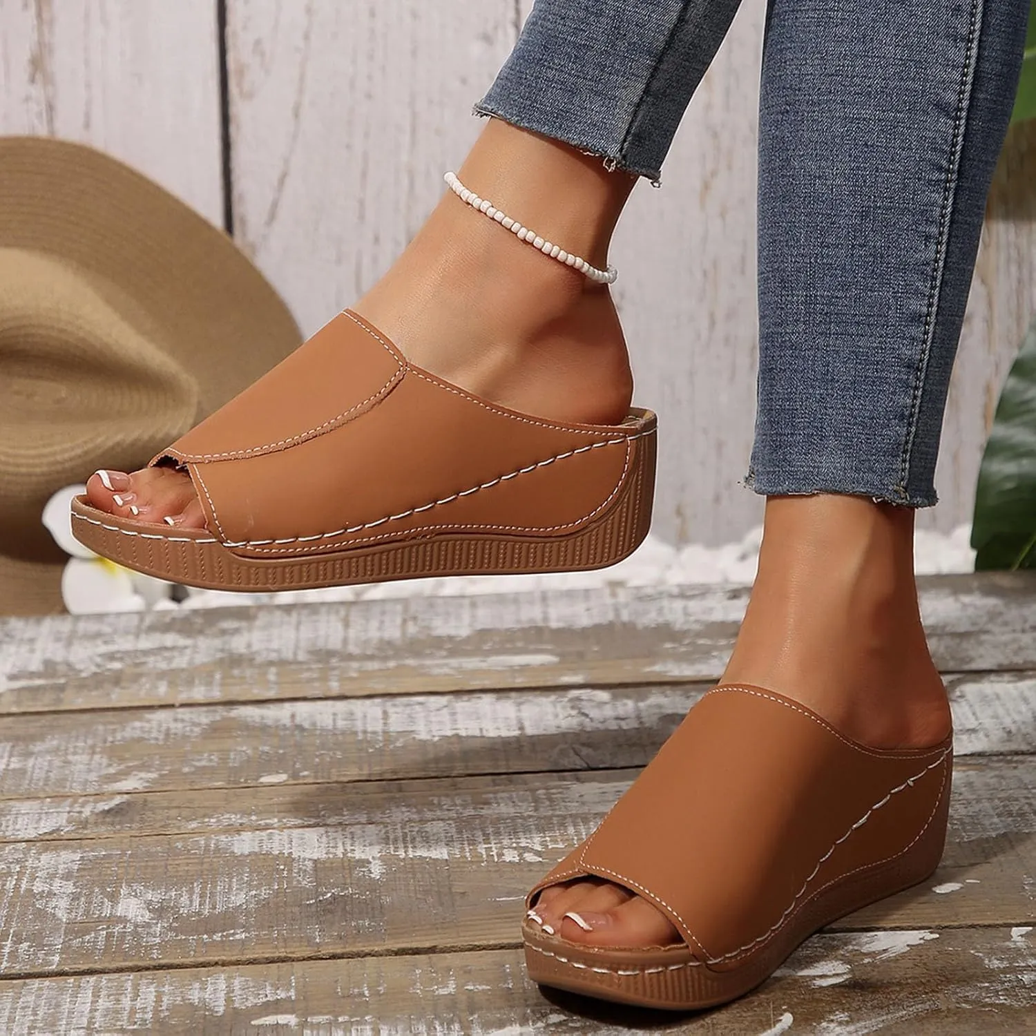 Platform Sandals Women Summer Orthopedic Arch Support Flat Slip on Wide Width Leather Wedge Sandals Damping Sole Upgradation Stretch Lightweight Heels Sandals Diabetic Walking Shoes