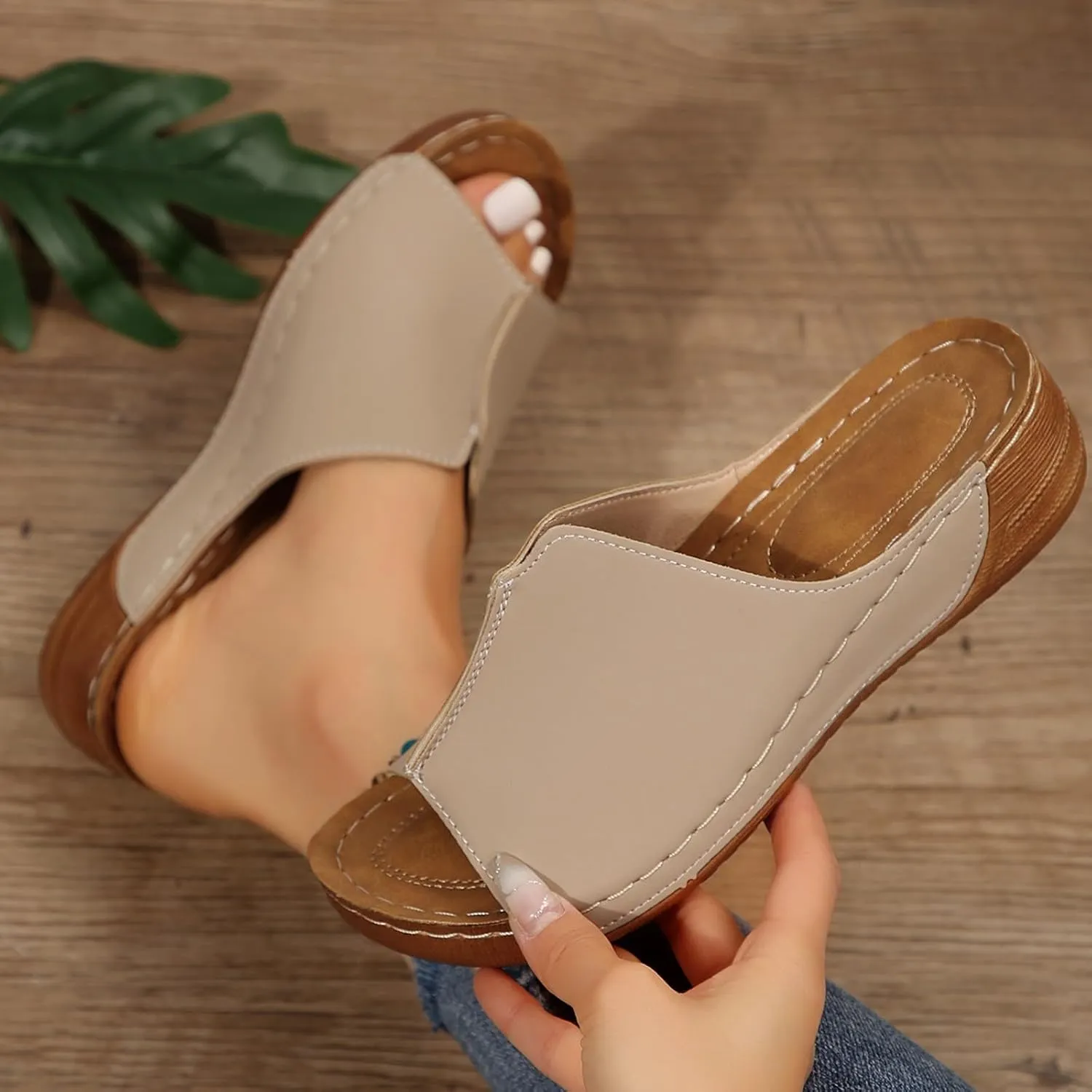Platform Sandals Women Summer Orthopedic Arch Support Flat Slip on Wide Width Leather Wedge Sandals Damping Sole Upgradation Stretch Lightweight Heels Sandals Diabetic Walking Shoes