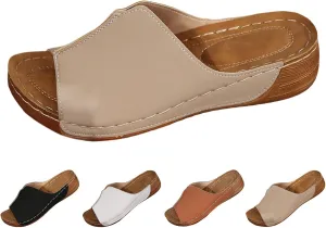 Platform Sandals Women Summer Orthopedic Arch Support Flat Slip on Wide Width Leather Wedge Sandals Damping Sole Upgradation Stretch Lightweight Heels Sandals Diabetic Walking Shoes