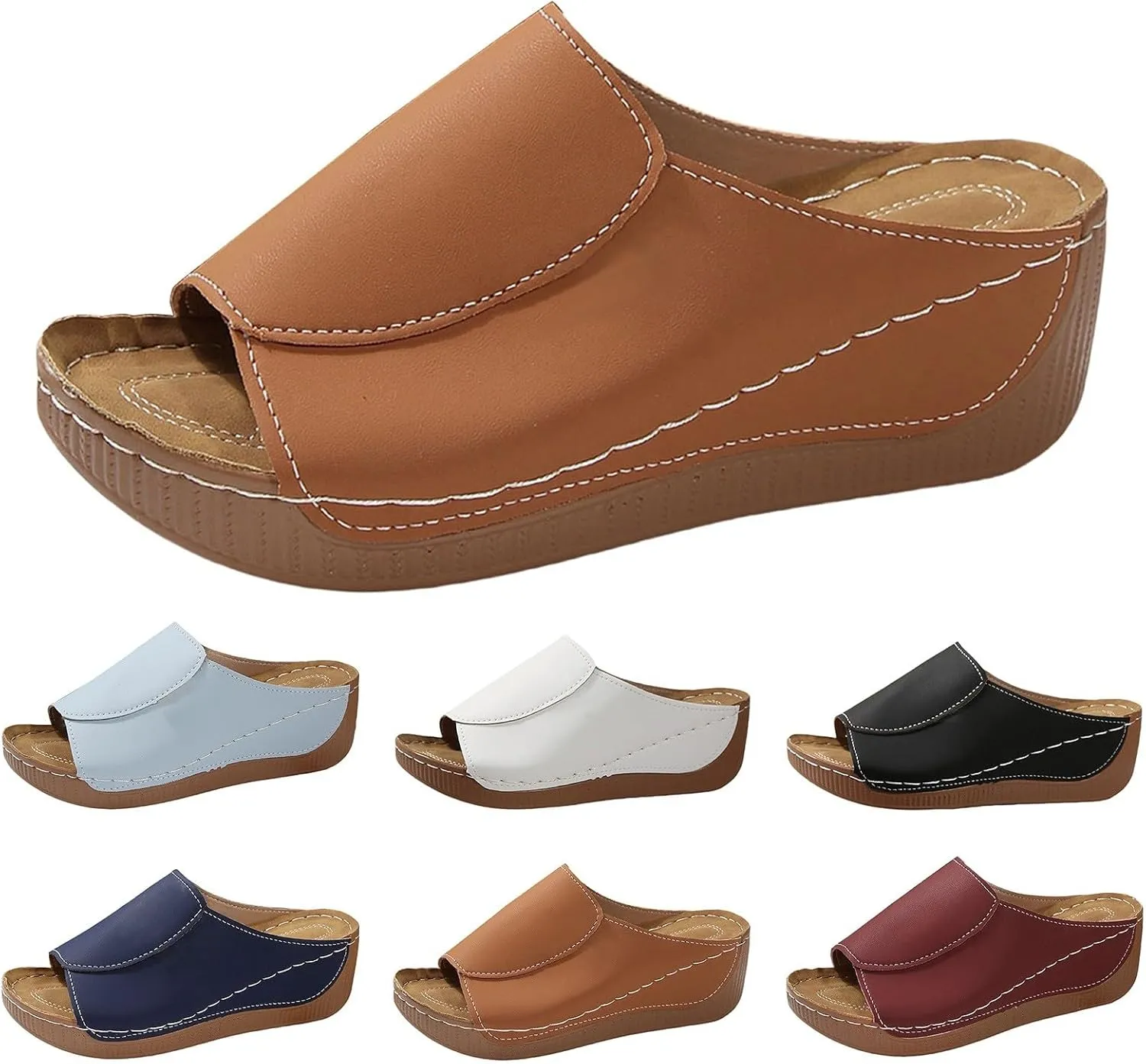 Platform Sandals Women Summer Orthopedic Arch Support Flat Slip on Wide Width Leather Wedge Sandals Damping Sole Upgradation Stretch Lightweight Heels Sandals Diabetic Walking Shoes
