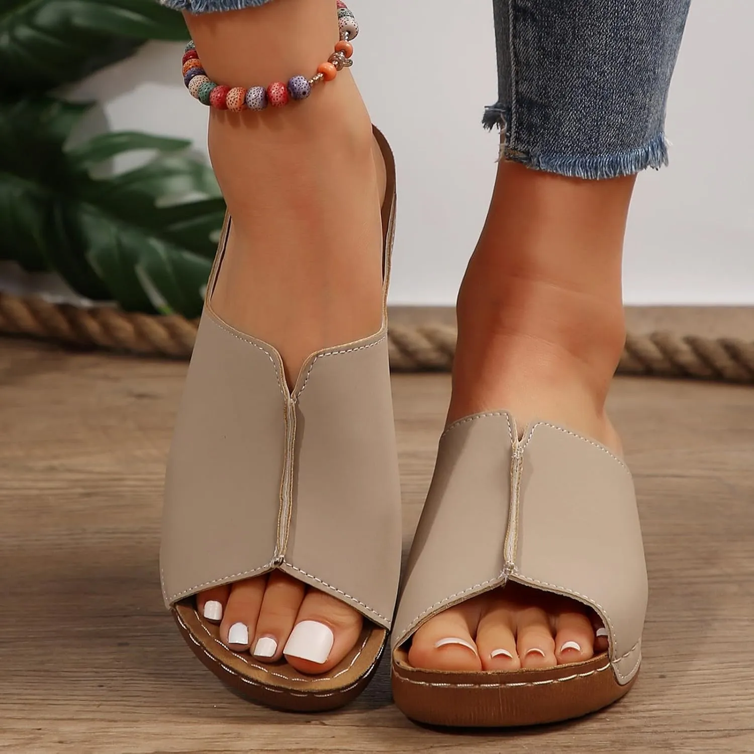 Platform Sandals Women Summer Orthopedic Arch Support Flat Slip on Wide Width Leather Wedge Sandals Damping Sole Upgradation Stretch Lightweight Heels Sandals Diabetic Walking Shoes