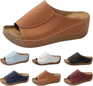 Platform Sandals Women Summer Orthopedic Arch Support Flat Slip on Wide Width Leather Wedge Sandals Damping Sole Upgradation Stretch Lightweight Heels Sandals Diabetic Walking Shoes