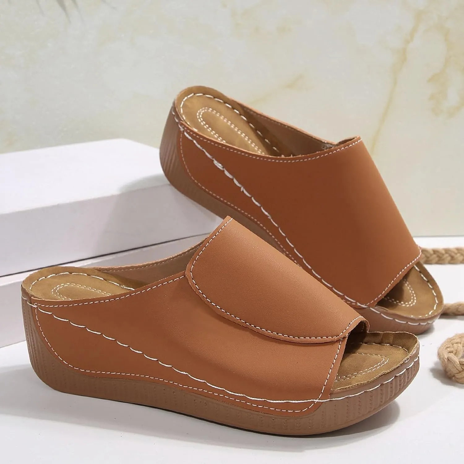 Platform Sandals Women Summer Orthopedic Arch Support Flat Slip on Wide Width Leather Wedge Sandals Damping Sole Upgradation Stretch Lightweight Heels Sandals Diabetic Walking Shoes