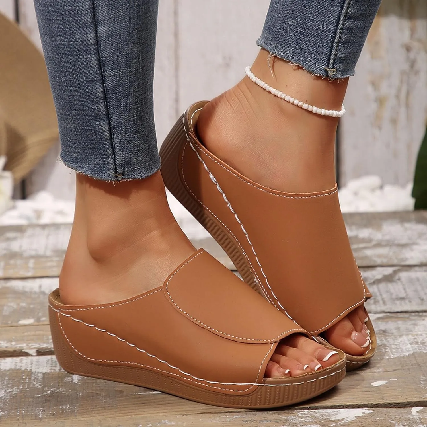 Platform Sandals Women Summer Orthopedic Arch Support Flat Slip on Wide Width Leather Wedge Sandals Damping Sole Upgradation Stretch Lightweight Heels Sandals Diabetic Walking Shoes