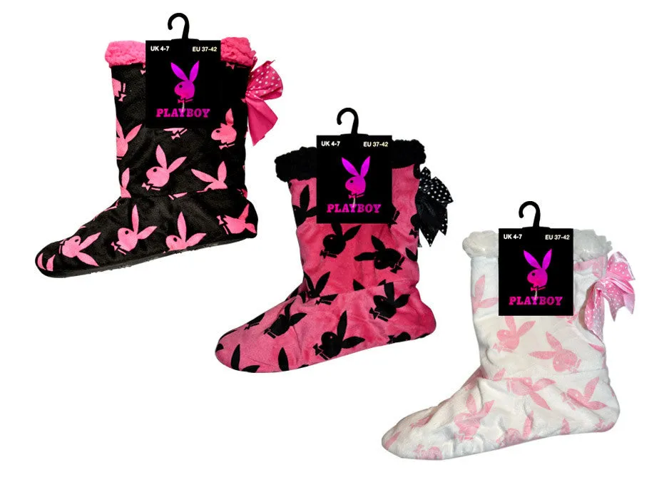 Playboy Ladies Velour Fleece Slippers In White