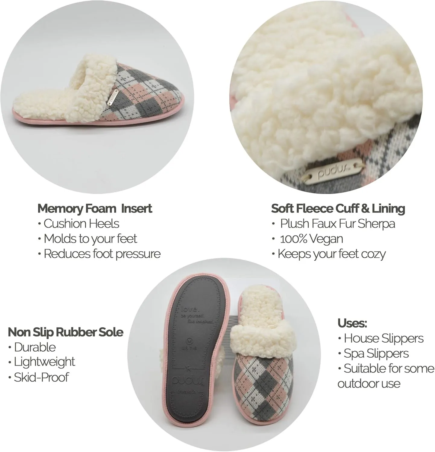 Pudus Women's Cozy House Slippers with Memory Foam & Extra-Plush Fleece Lining