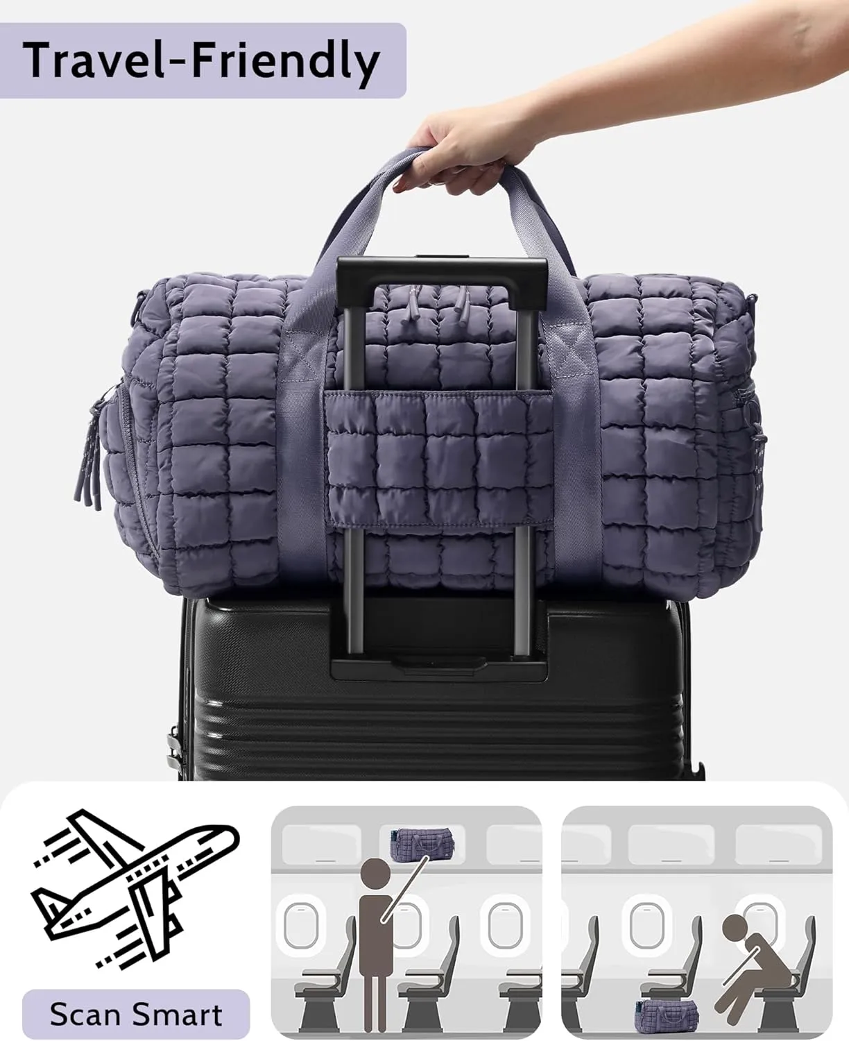 Quilted Duffel Bag for Women, Puffer Gym Duffle Bag with Shoe Compartment Lightweight Large Crossbody Sport Bag Travel Tote Mistviolet