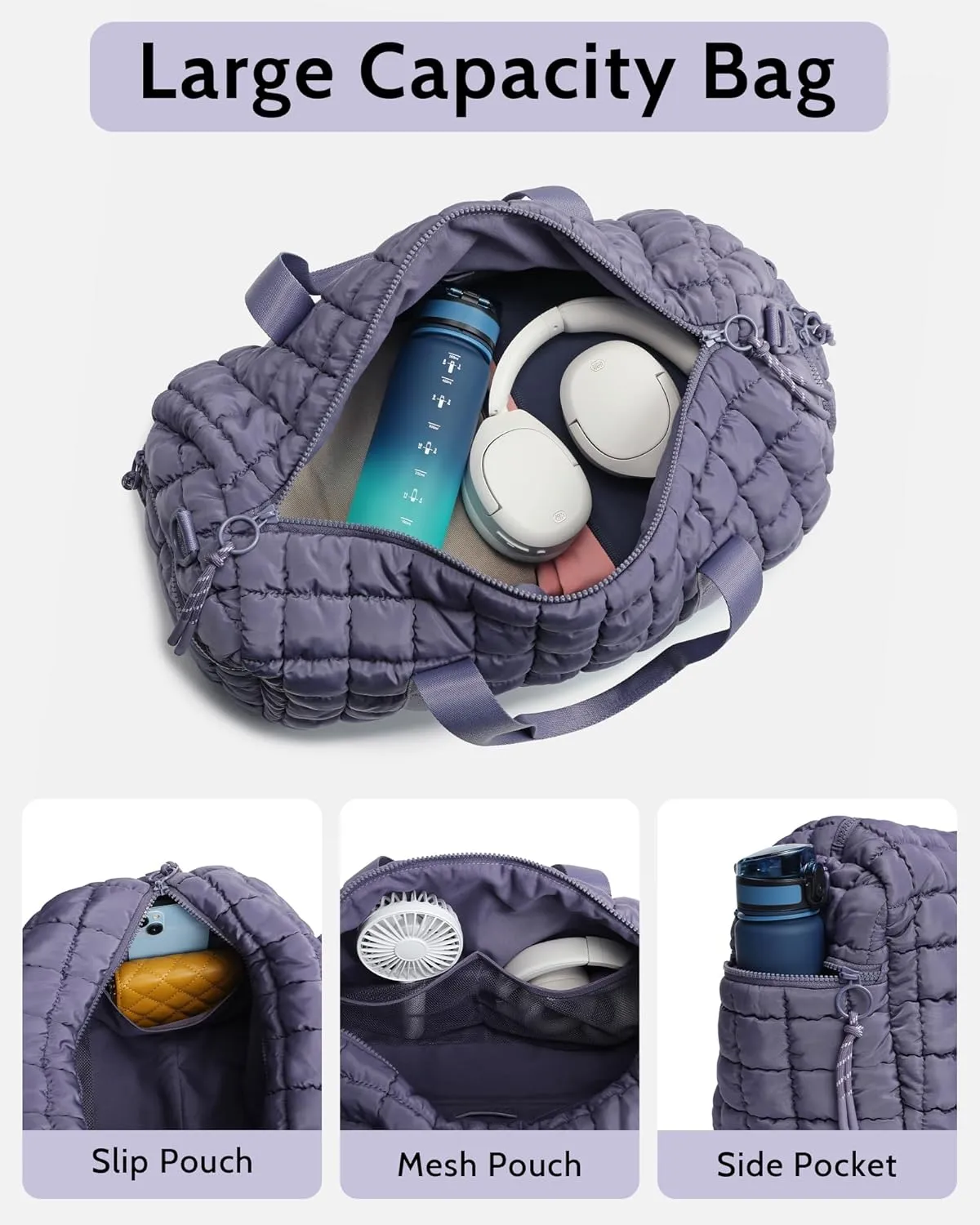 Quilted Duffel Bag for Women, Puffer Gym Duffle Bag with Shoe Compartment Lightweight Large Crossbody Sport Bag Travel Tote Mistviolet