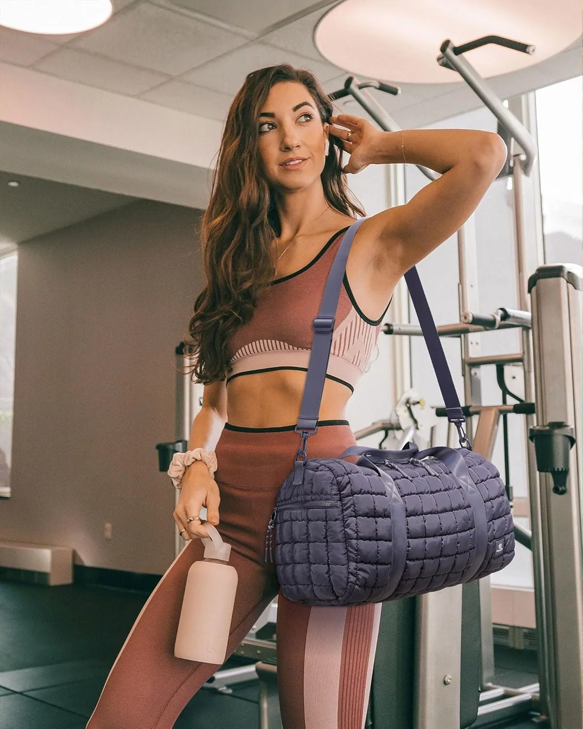 Quilted Duffel Bag for Women, Puffer Gym Duffle Bag with Shoe Compartment Lightweight Large Crossbody Sport Bag Travel Tote Mistviolet