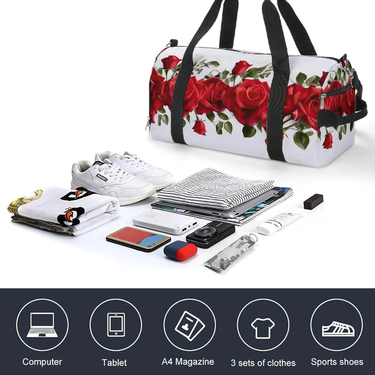 Red Roses Valentine's Day Duffel Bag with Shoe Compartment Lightweight for Travel Gym