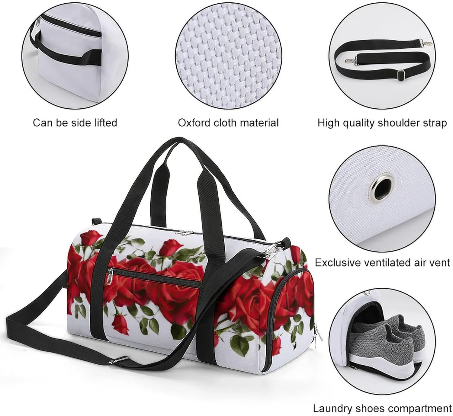 Red Roses Valentine's Day Duffel Bag with Shoe Compartment Lightweight for Travel Gym