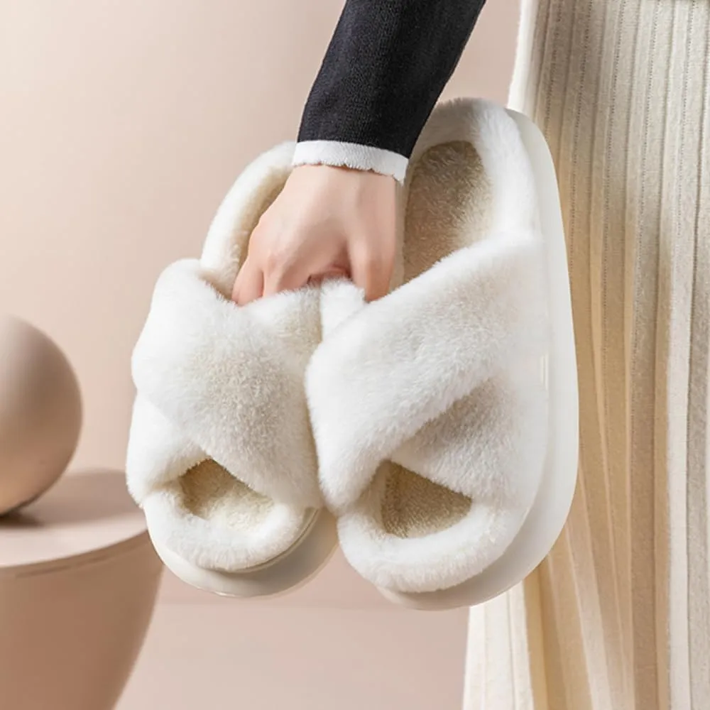 RErom Women Cross Band Faux Fur Fuzzy Slippers Plush Fluffy Furry Open Toe Slide Slipper Cozy Memory Foam Anti-Skid Sole Indoor Outdoor House Home Bedroom Slippers