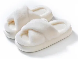 RErom Women Cross Band Faux Fur Fuzzy Slippers Plush Fluffy Furry Open Toe Slide Slipper Cozy Memory Foam Anti-Skid Sole Indoor Outdoor House Home Bedroom Slippers