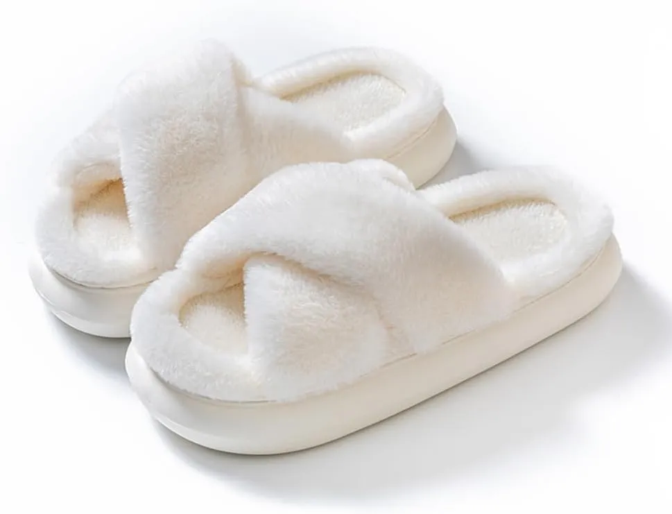 RErom Women Cross Band Faux Fur Fuzzy Slippers Plush Fluffy Furry Open Toe Slide Slipper Cozy Memory Foam Anti-Skid Sole Indoor Outdoor House Home Bedroom Slippers