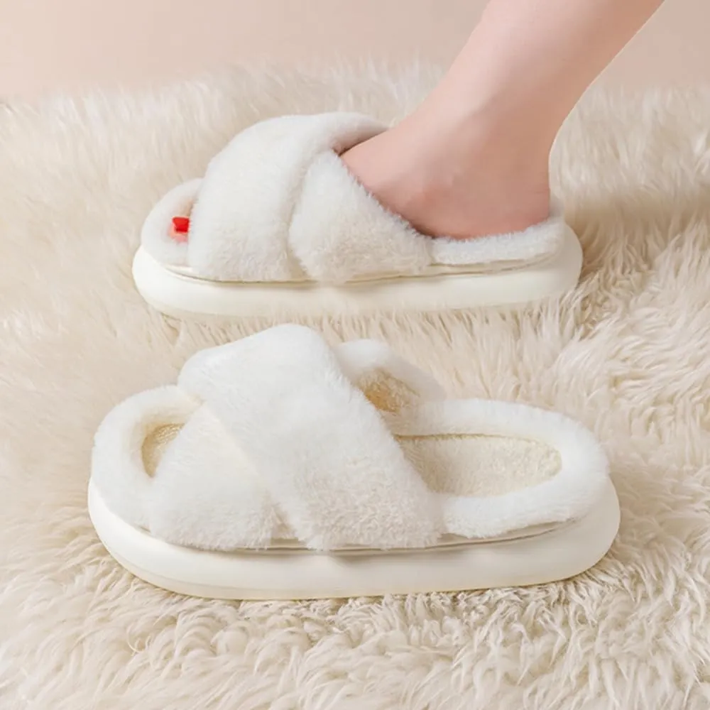 RErom Women Cross Band Faux Fur Fuzzy Slippers Plush Fluffy Furry Open Toe Slide Slipper Cozy Memory Foam Anti-Skid Sole Indoor Outdoor House Home Bedroom Slippers