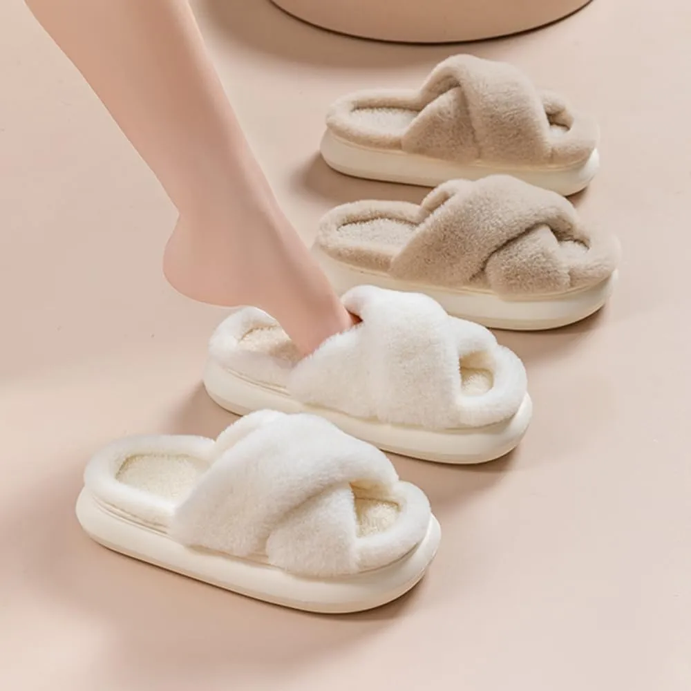 RErom Women Cross Band Faux Fur Fuzzy Slippers Plush Fluffy Furry Open Toe Slide Slipper Cozy Memory Foam Anti-Skid Sole Indoor Outdoor House Home Bedroom Slippers