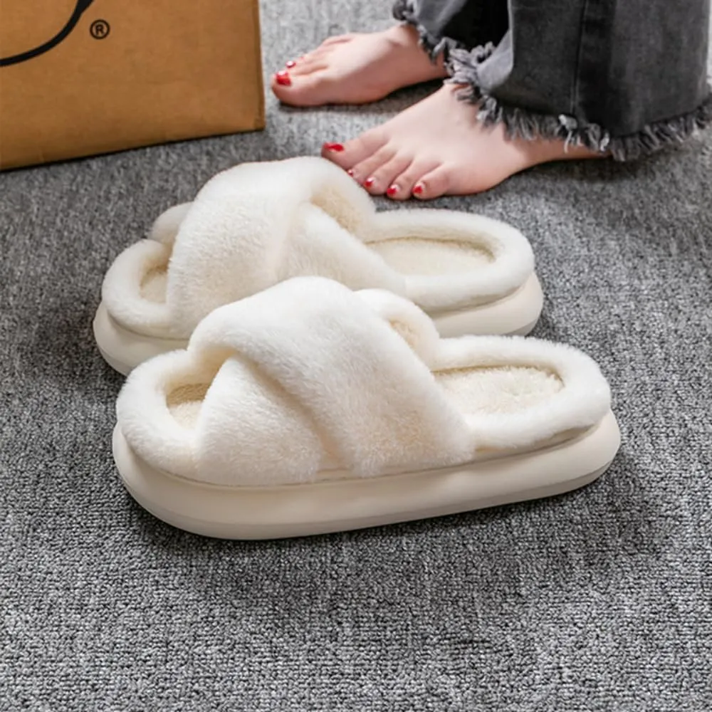RErom Women Cross Band Faux Fur Fuzzy Slippers Plush Fluffy Furry Open Toe Slide Slipper Cozy Memory Foam Anti-Skid Sole Indoor Outdoor House Home Bedroom Slippers