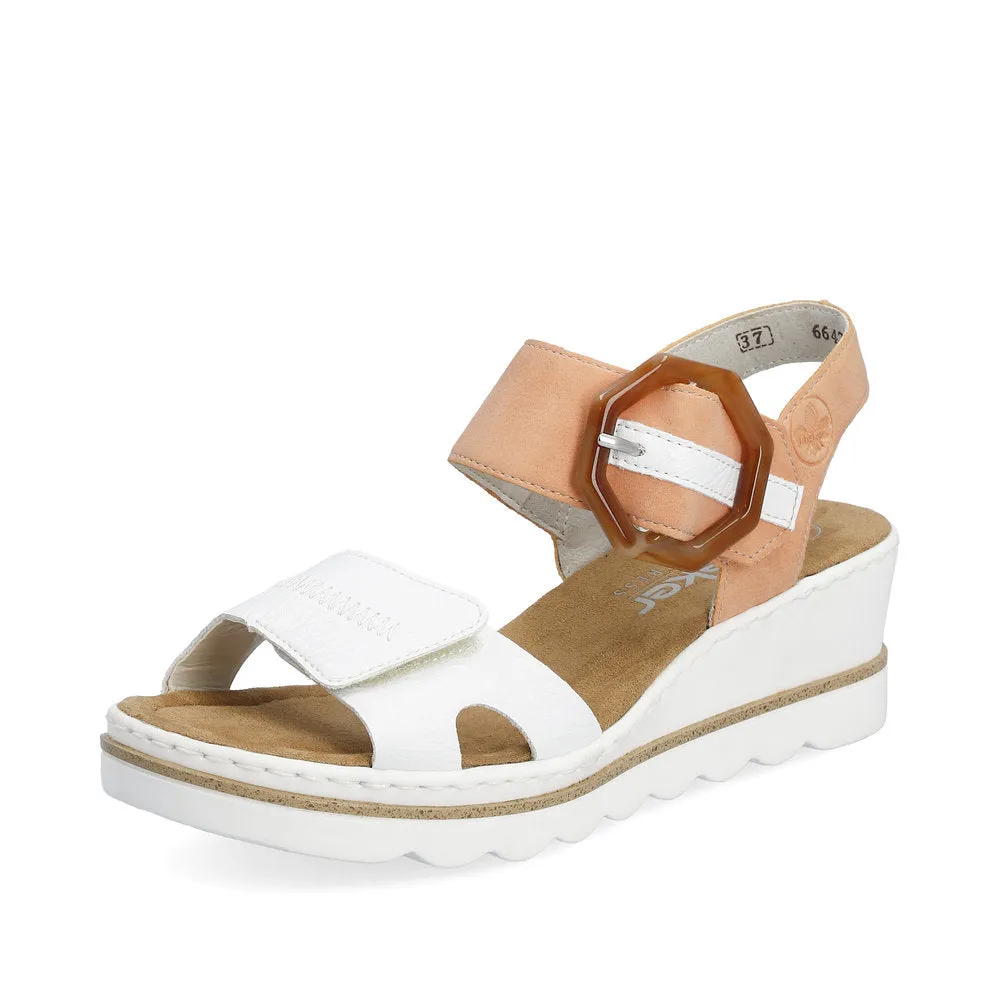 RIEKER - 67476-38 MEDIUM WEDGE FASHION "MOC BUCKLE" SANDA - WHITE/PEACH