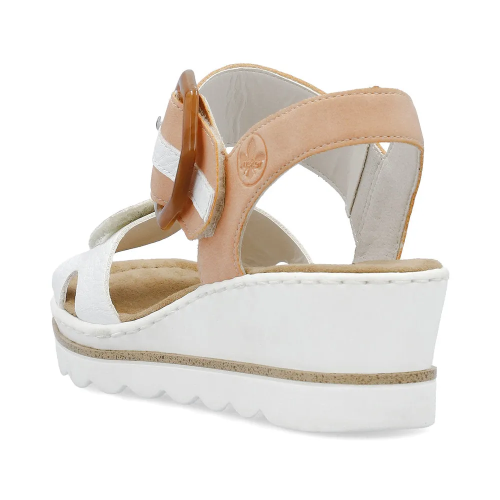 RIEKER - 67476-38 MEDIUM WEDGE FASHION "MOC BUCKLE" SANDA - WHITE/PEACH