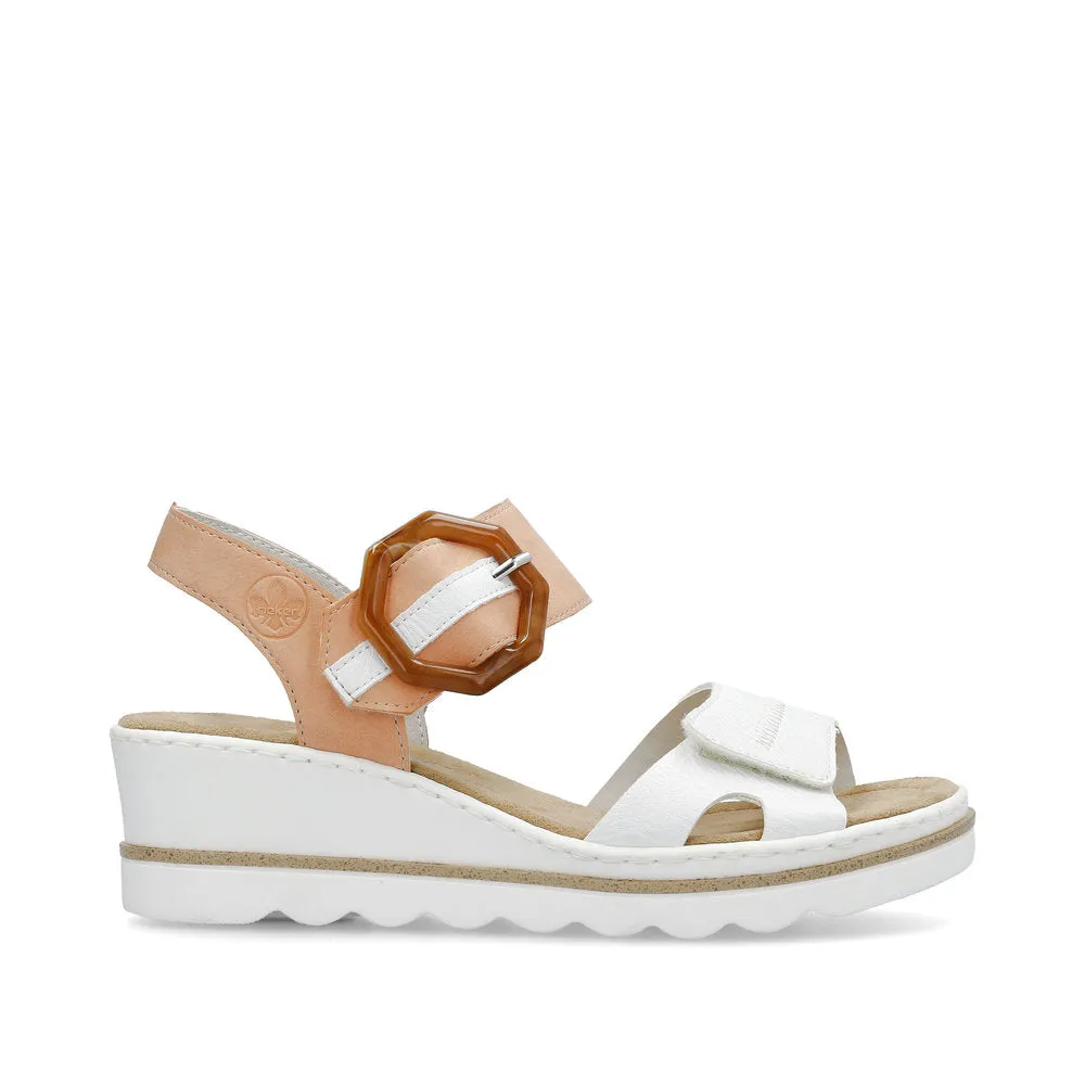 RIEKER - 67476-38 MEDIUM WEDGE FASHION "MOC BUCKLE" SANDA - WHITE/PEACH