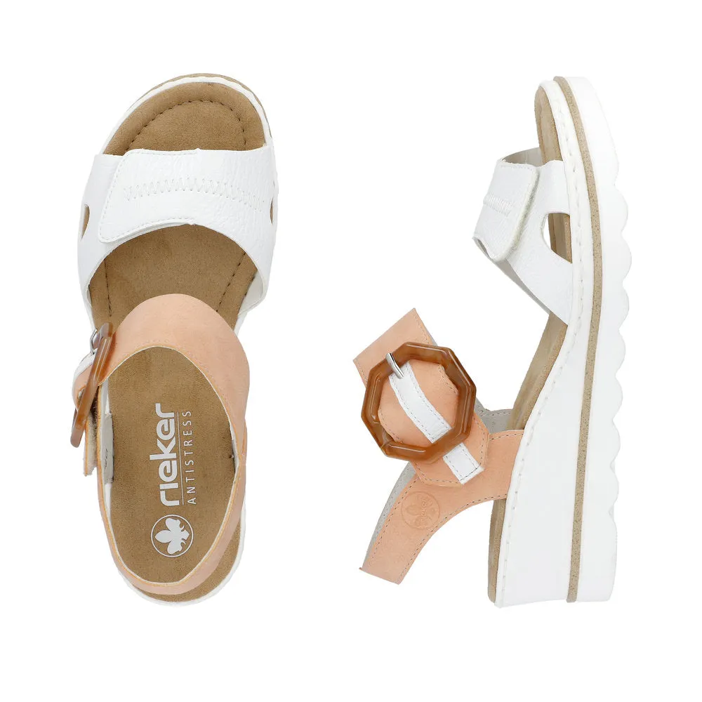 RIEKER - 67476-38 MEDIUM WEDGE FASHION "MOC BUCKLE" SANDA - WHITE/PEACH