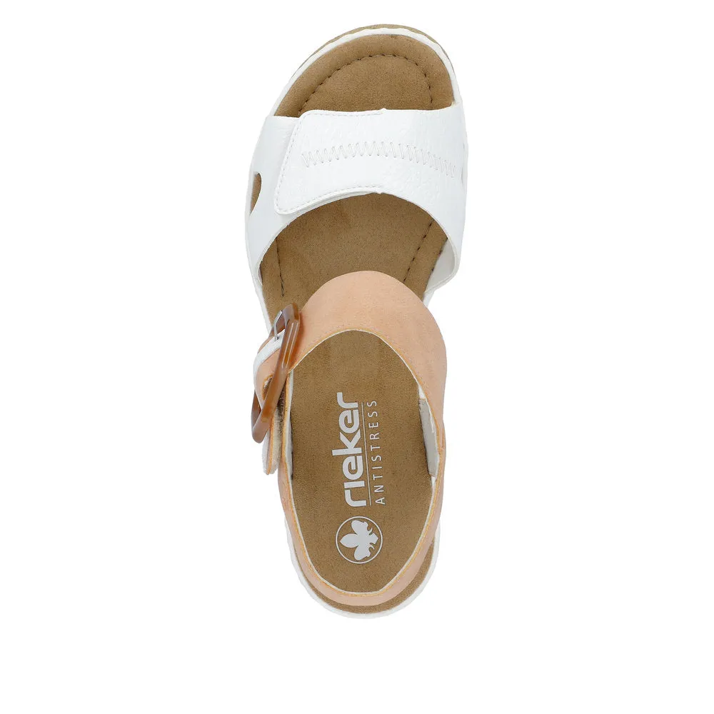 RIEKER - 67476-38 MEDIUM WEDGE FASHION "MOC BUCKLE" SANDA - WHITE/PEACH