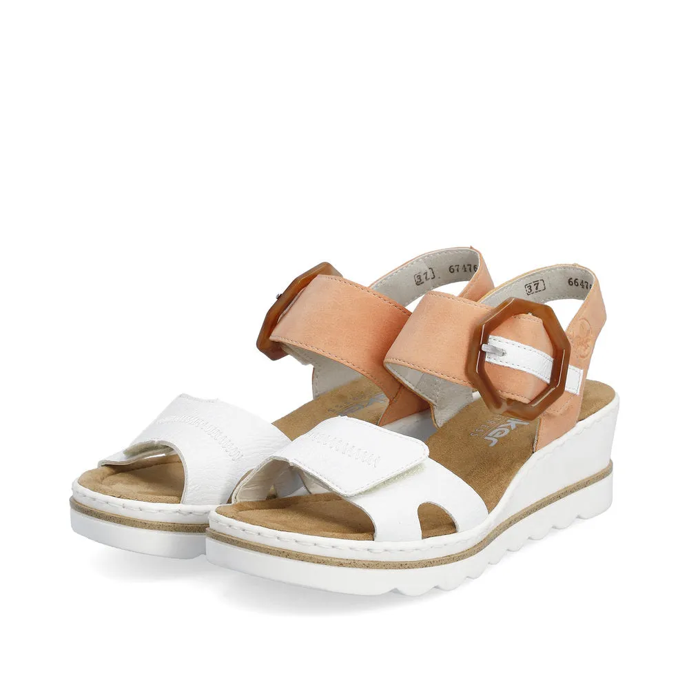 RIEKER - 67476-38 MEDIUM WEDGE FASHION "MOC BUCKLE" SANDA - WHITE/PEACH