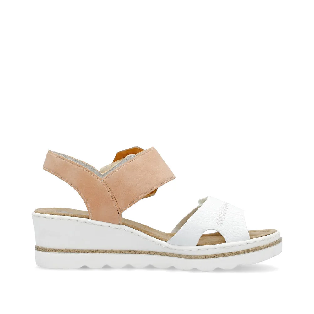 RIEKER - 67476-38 MEDIUM WEDGE FASHION "MOC BUCKLE" SANDA - WHITE/PEACH