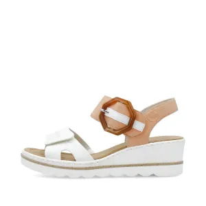 RIEKER - 67476-38 MEDIUM WEDGE FASHION "MOC BUCKLE" SANDA - WHITE/PEACH